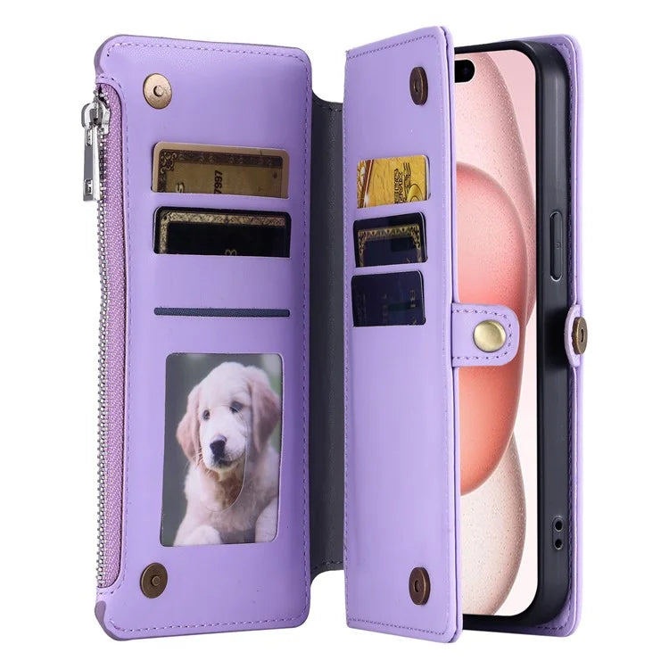 015 Style For iPhone 16 Plus Case Scratch-Resistant Leather Wallet Phone Cover with Straps