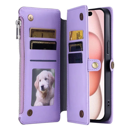 015 Style For iPhone 16 Plus Case Scratch-Resistant Leather Wallet Phone Cover with Straps