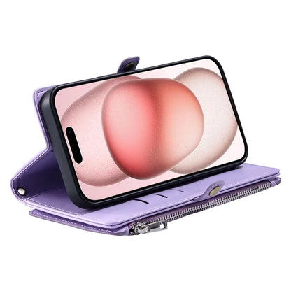 015 Style For iPhone 16 Plus Case Scratch-Resistant Leather Wallet Phone Cover with Straps