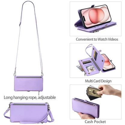 015 Style For iPhone 16 Plus Case Scratch-Resistant Leather Wallet Phone Cover with Straps