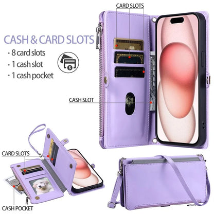 015 Style For iPhone 16 Plus Case Scratch-Resistant Leather Wallet Phone Cover with Straps