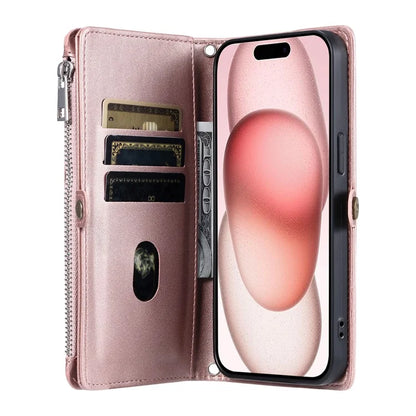 015 Style For iPhone 16 Plus Case Scratch-Resistant Leather Wallet Phone Cover with Straps