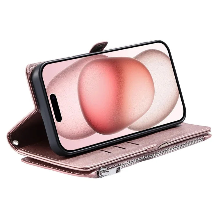015 Style For iPhone 16 Plus Case Scratch-Resistant Leather Wallet Phone Cover with Straps