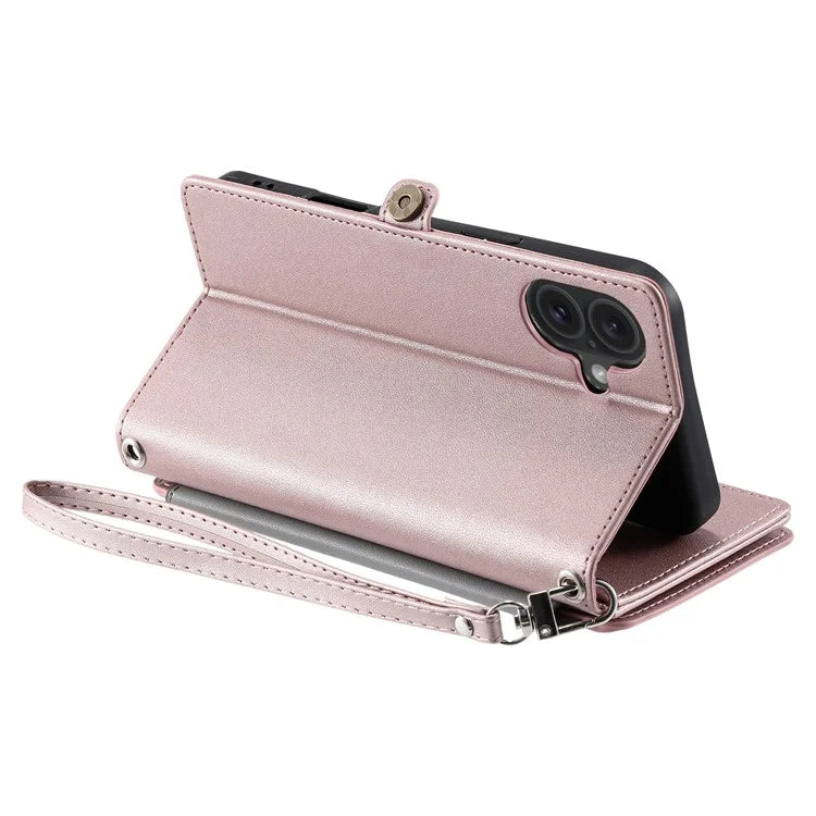 015 Style For iPhone 16 Plus Case Scratch-Resistant Leather Wallet Phone Cover with Straps