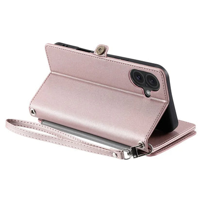 015 Style For iPhone 16 Plus Case Scratch-Resistant Leather Wallet Phone Cover with Straps