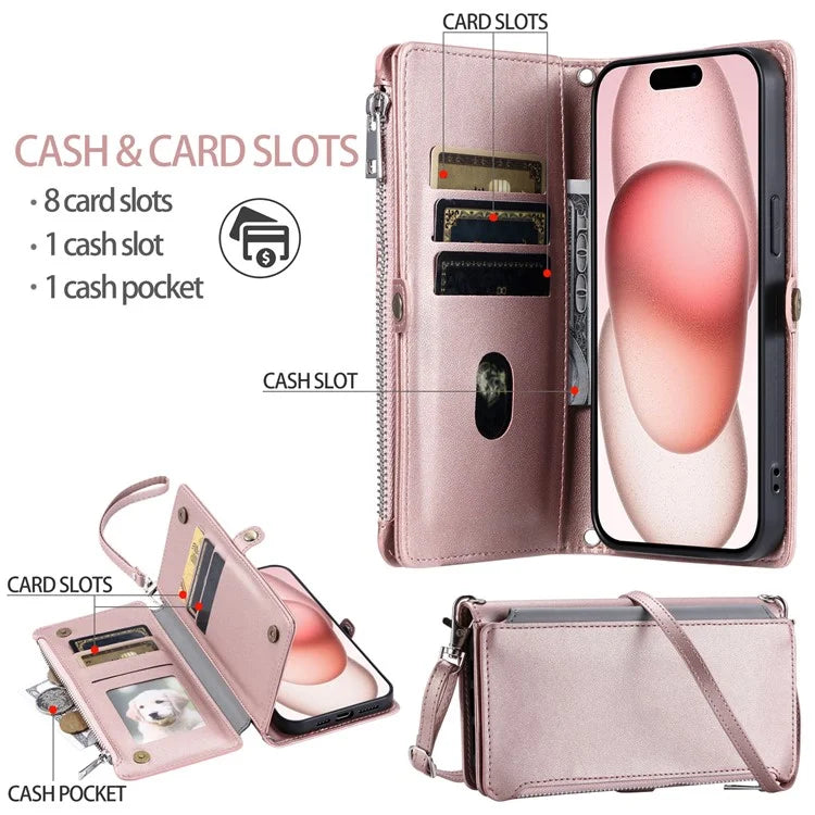 015 Style For iPhone 16 Plus Case Scratch-Resistant Leather Wallet Phone Cover with Straps