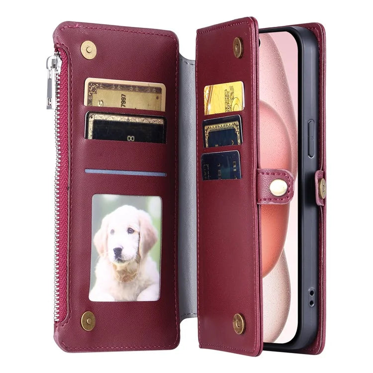 015 Style For iPhone 16 Plus Case Scratch-Resistant Leather Wallet Phone Cover with Straps