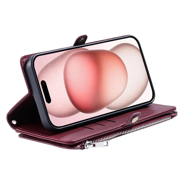 015 Style For iPhone 16 Plus Case Scratch-Resistant Leather Wallet Phone Cover with Straps