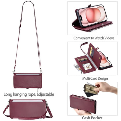 015 Style For iPhone 16 Plus Case Scratch-Resistant Leather Wallet Phone Cover with Straps