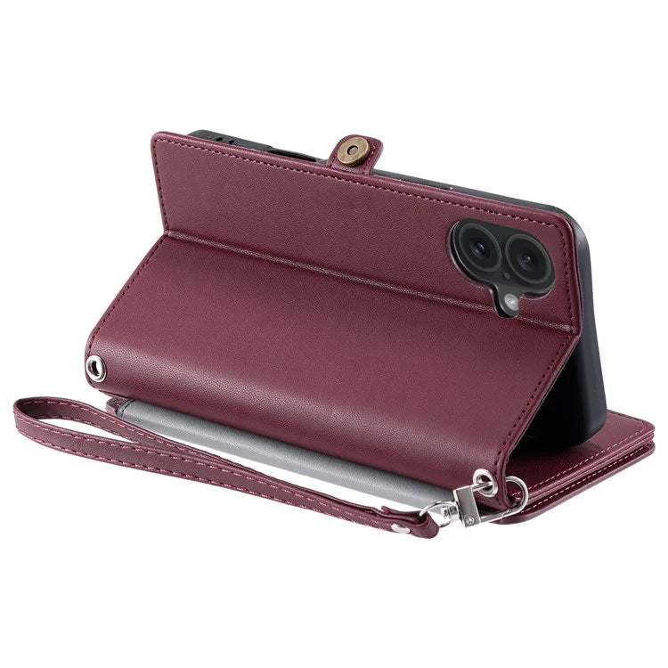 015 Style For iPhone 16 Plus Case Scratch-Resistant Leather Wallet Phone Cover with Straps