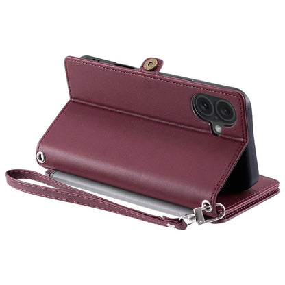 015 Style For iPhone 16 Plus Case Scratch-Resistant Leather Wallet Phone Cover with Straps