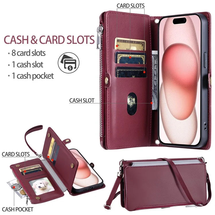015 Style For iPhone 16 Plus Case Scratch-Resistant Leather Wallet Phone Cover with Straps