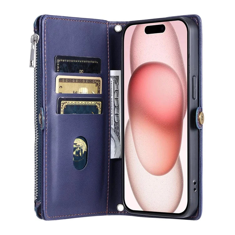 015 Style For iPhone 16 Plus Case Scratch-Resistant Leather Wallet Phone Cover with Straps