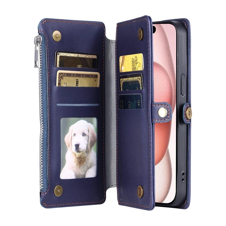 015 Style For iPhone 16 Plus Case Scratch-Resistant Leather Wallet Phone Cover with Straps