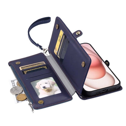 015 Style For iPhone 16 Plus Case Scratch-Resistant Leather Wallet Phone Cover with Straps