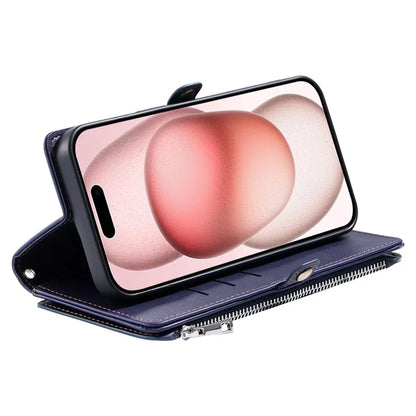 015 Style For iPhone 16 Plus Case Scratch-Resistant Leather Wallet Phone Cover with Straps
