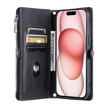 015 Style For iPhone 16 Plus Case Scratch-Resistant Leather Wallet Phone Cover with Straps