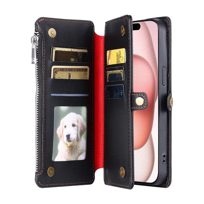 015 Style For iPhone 16 Plus Case Scratch-Resistant Leather Wallet Phone Cover with Straps