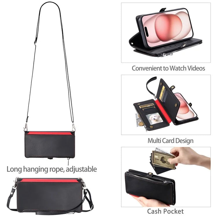 015 Style For iPhone 16 Plus Case Scratch-Resistant Leather Wallet Phone Cover with Straps