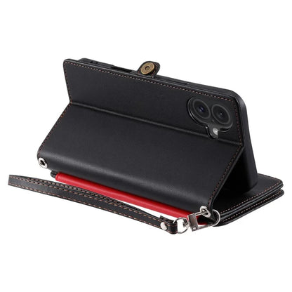 015 Style For iPhone 16 Plus Case Scratch-Resistant Leather Wallet Phone Cover with Straps