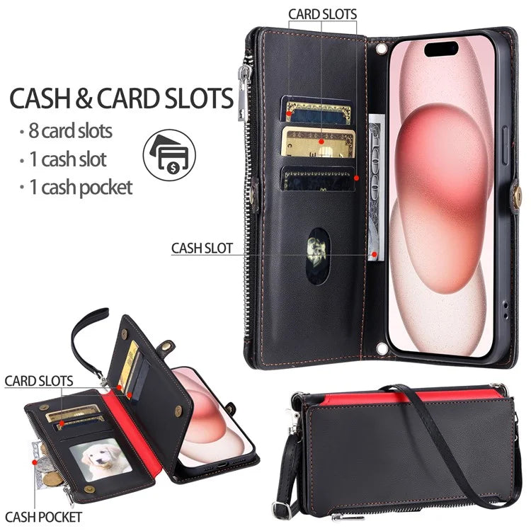 015 Style For iPhone 16 Plus Case Scratch-Resistant Leather Wallet Phone Cover with Straps