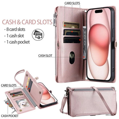 015 Style For iPhone 16 Pro Case Protective Leather Wallet Phone Cover with Straps