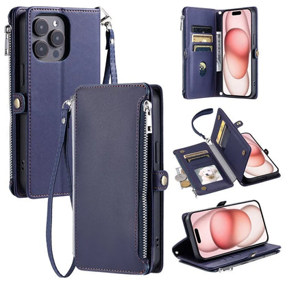 015 Style For iPhone 16 Pro Case Protective Leather Wallet Phone Cover with Straps