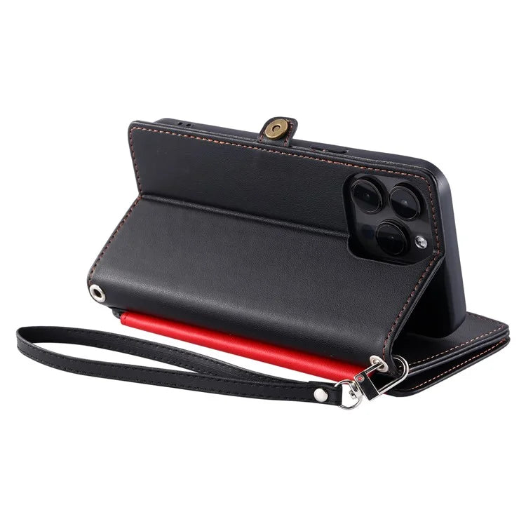 015 Style For iPhone 16 Pro Case Protective Leather Wallet Phone Cover with Straps