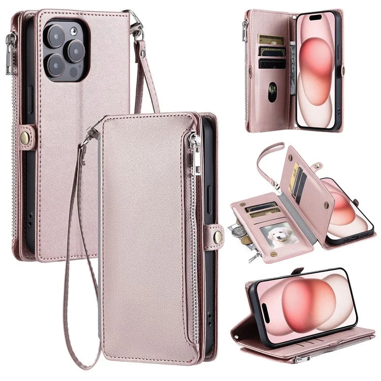 015 Style For iPhone 15 Pro Max Case Zipper Pocket Leather Wallet Phone Cover