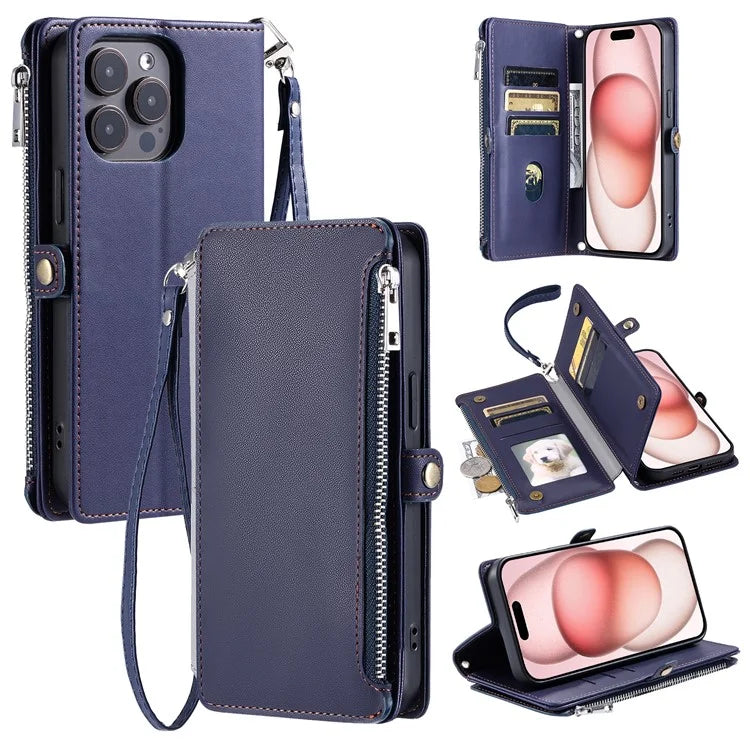 015 Style For iPhone 15 Pro Max Case Zipper Pocket Leather Wallet Phone Cover