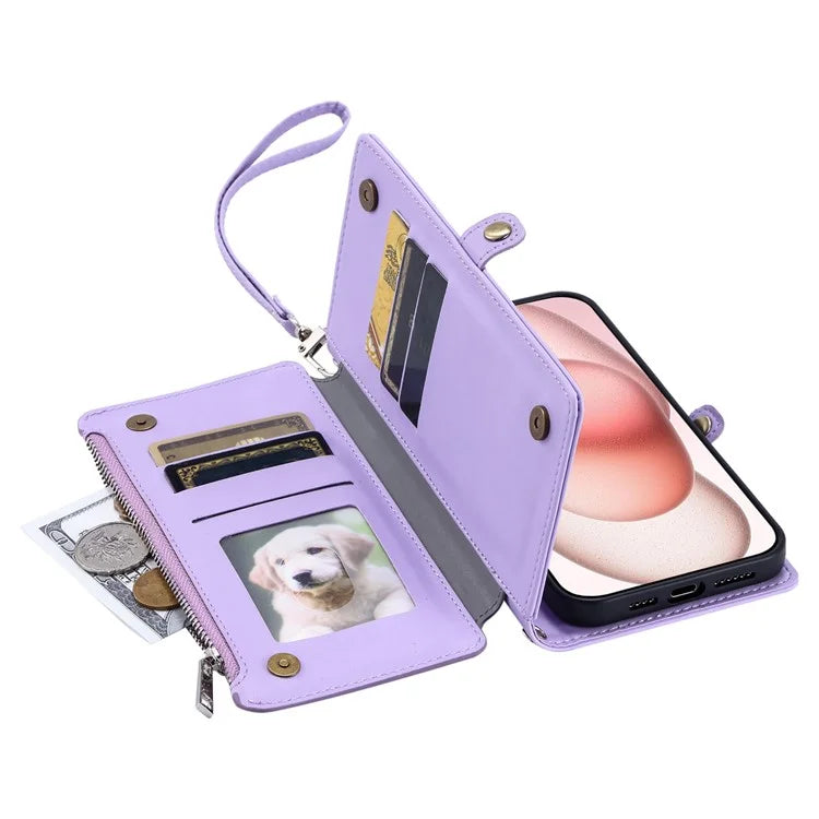 015 Style For iPhone 15 Leather Case Zipper Pocket Shockproof Phone Cover