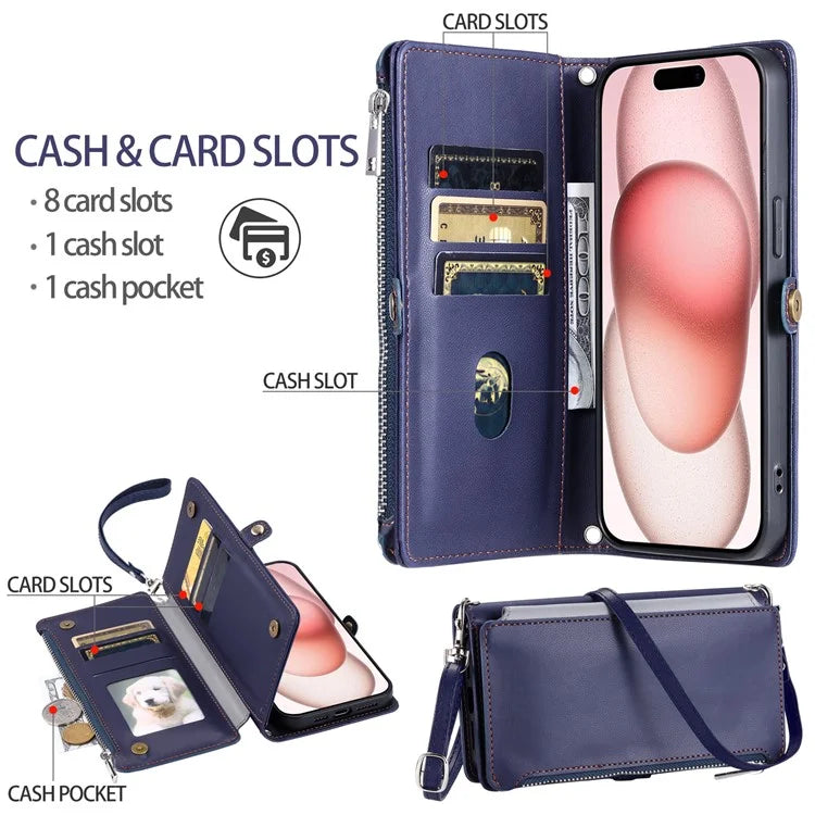 015 Style For iPhone 15 Leather Case Zipper Pocket Shockproof Phone Cover
