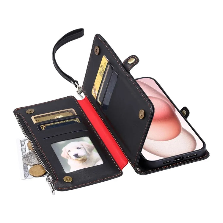 015 Style For iPhone 15 Leather Case Zipper Pocket Shockproof Phone Cover