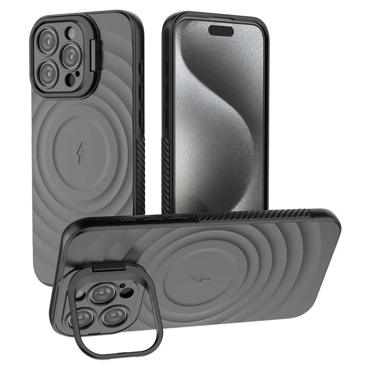 For iPhone 16 Pro Magnetic Case PC Kickstand Ripple Texture TPU Phone Cover
