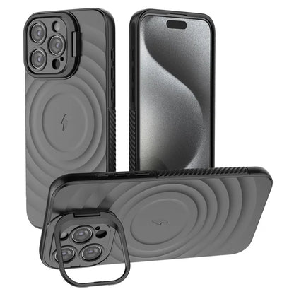 For iPhone 16 Pro Magnetic Case PC Kickstand Ripple Texture TPU Phone Cover