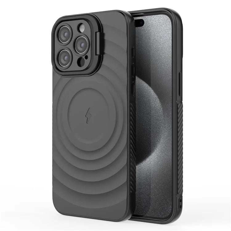 For iPhone 16 Pro Magnetic Case PC Kickstand Ripple Texture TPU Phone Cover