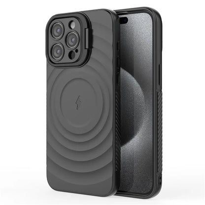 For iPhone 16 Pro Magnetic Case PC Kickstand Ripple Texture TPU Phone Cover
