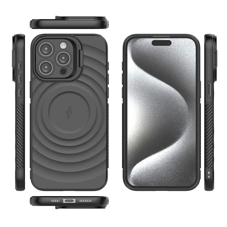 For iPhone 16 Pro Magnetic Case PC Kickstand Ripple Texture TPU Phone Cover