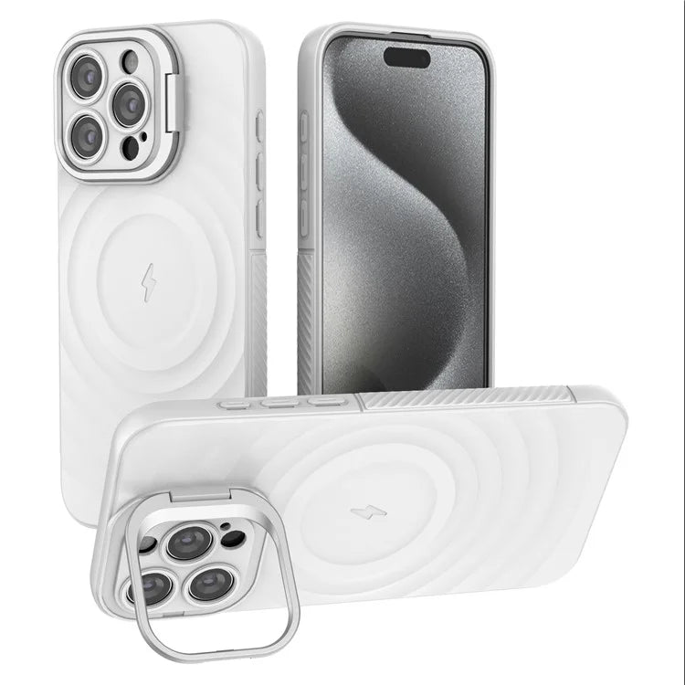 For iPhone 16 Pro Magnetic Case PC Kickstand Ripple Texture TPU Phone Cover
