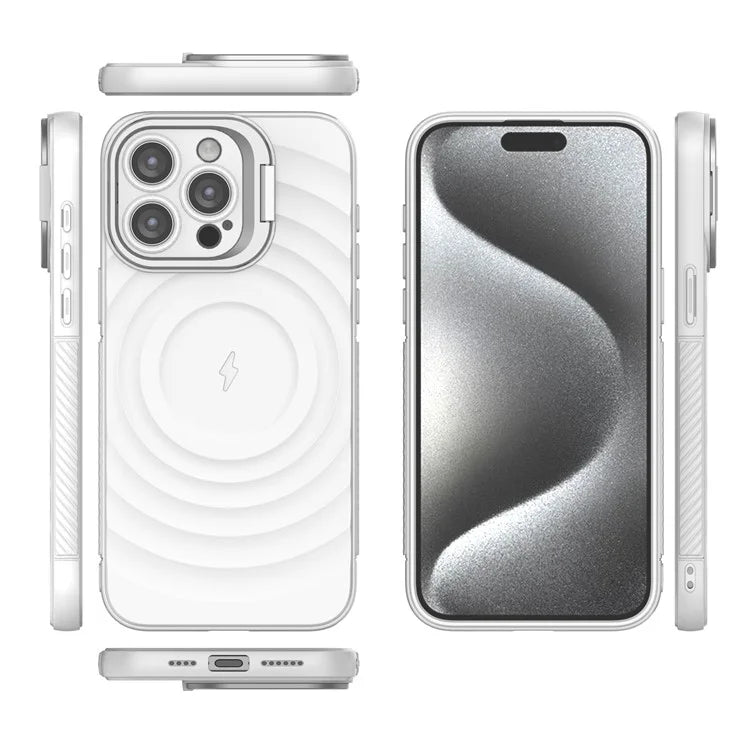 For iPhone 16 Pro Magnetic Case PC Kickstand Ripple Texture TPU Phone Cover