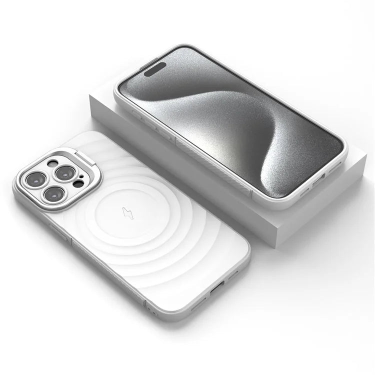For iPhone 16 Pro Magnetic Case PC Kickstand Ripple Texture TPU Phone Cover