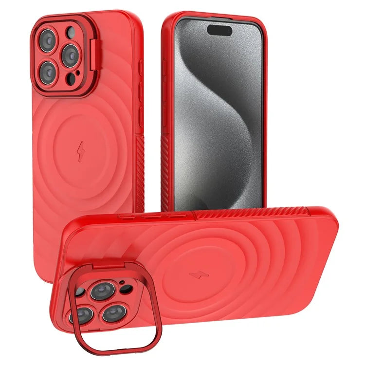 For iPhone 16 Pro Magnetic Case PC Kickstand Ripple Texture TPU Phone Cover