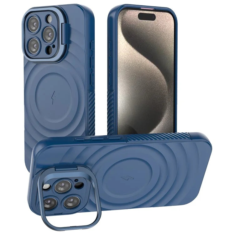 For iPhone 16 Pro Magnetic Case PC Kickstand Ripple Texture TPU Phone Cover