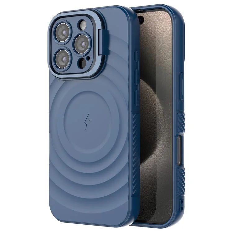 For iPhone 16 Pro Magnetic Case PC Kickstand Ripple Texture TPU Phone Cover