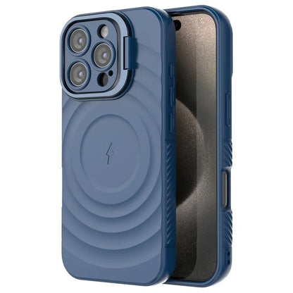 For iPhone 16 Pro Magnetic Case PC Kickstand Ripple Texture TPU Phone Cover