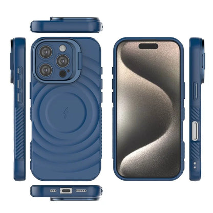 For iPhone 16 Pro Magnetic Case PC Kickstand Ripple Texture TPU Phone Cover