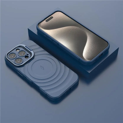 For iPhone 16 Pro Magnetic Case PC Kickstand Ripple Texture TPU Phone Cover