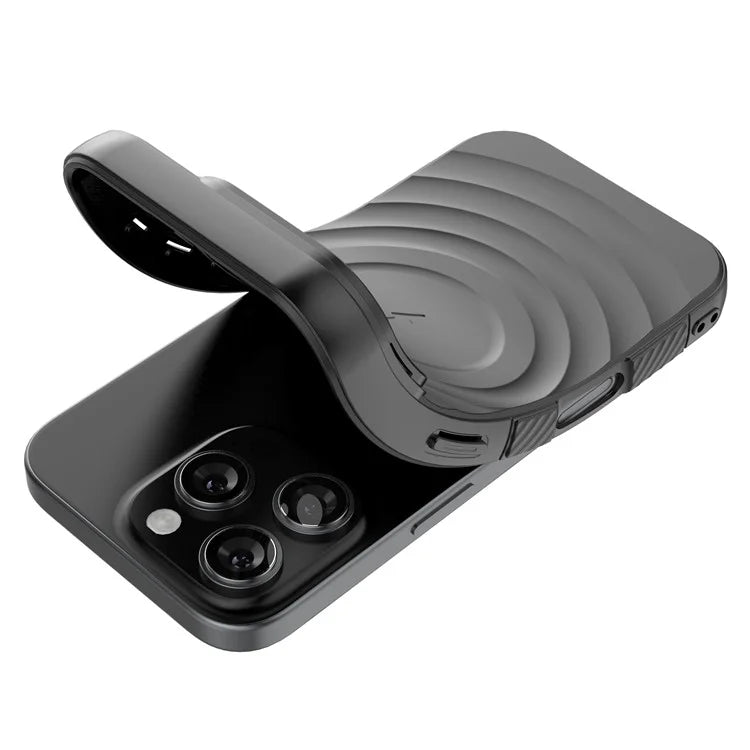 For iPhone 16 Pro Magnetic Case PC Kickstand Ripple Texture TPU Phone Cover