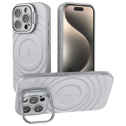 For iPhone 16 Pro Magnetic Case PC Kickstand Ripple Texture TPU Phone Cover