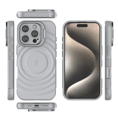 For iPhone 16 Pro Magnetic Case PC Kickstand Ripple Texture TPU Phone Cover